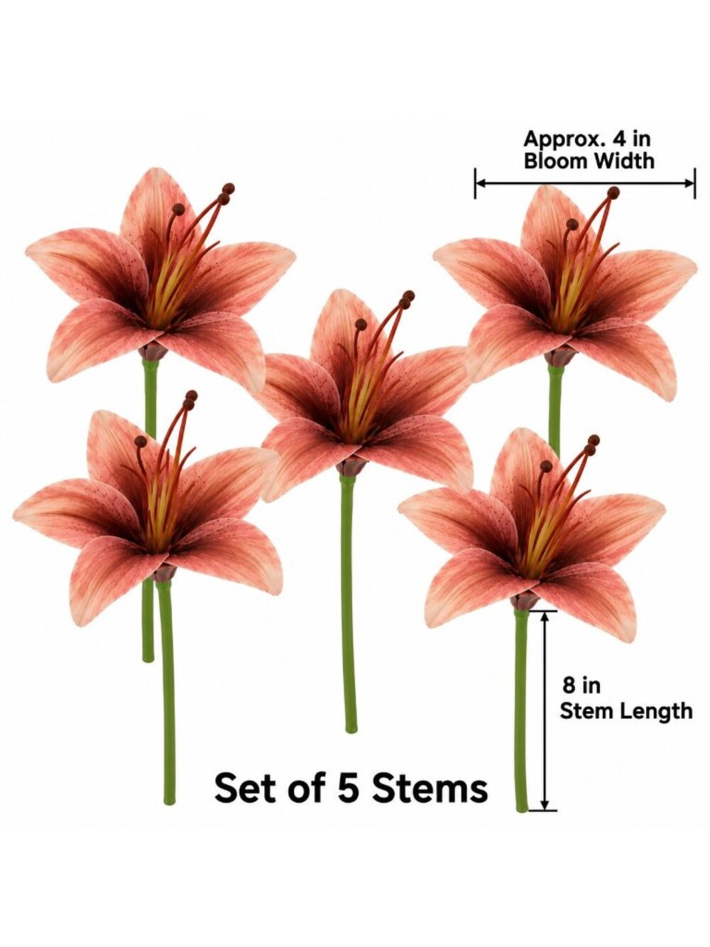 Set of 5 Peach Artificial Lily Stems 8 Inch Blush Terracotta Faux Flowers - Picture 2 of 7